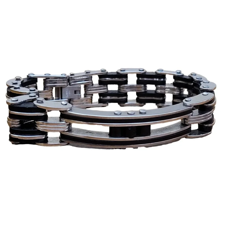 Men's Silver Stainless Steel Motorcycle Bike‎ Chain Link Bracelet Black Accents